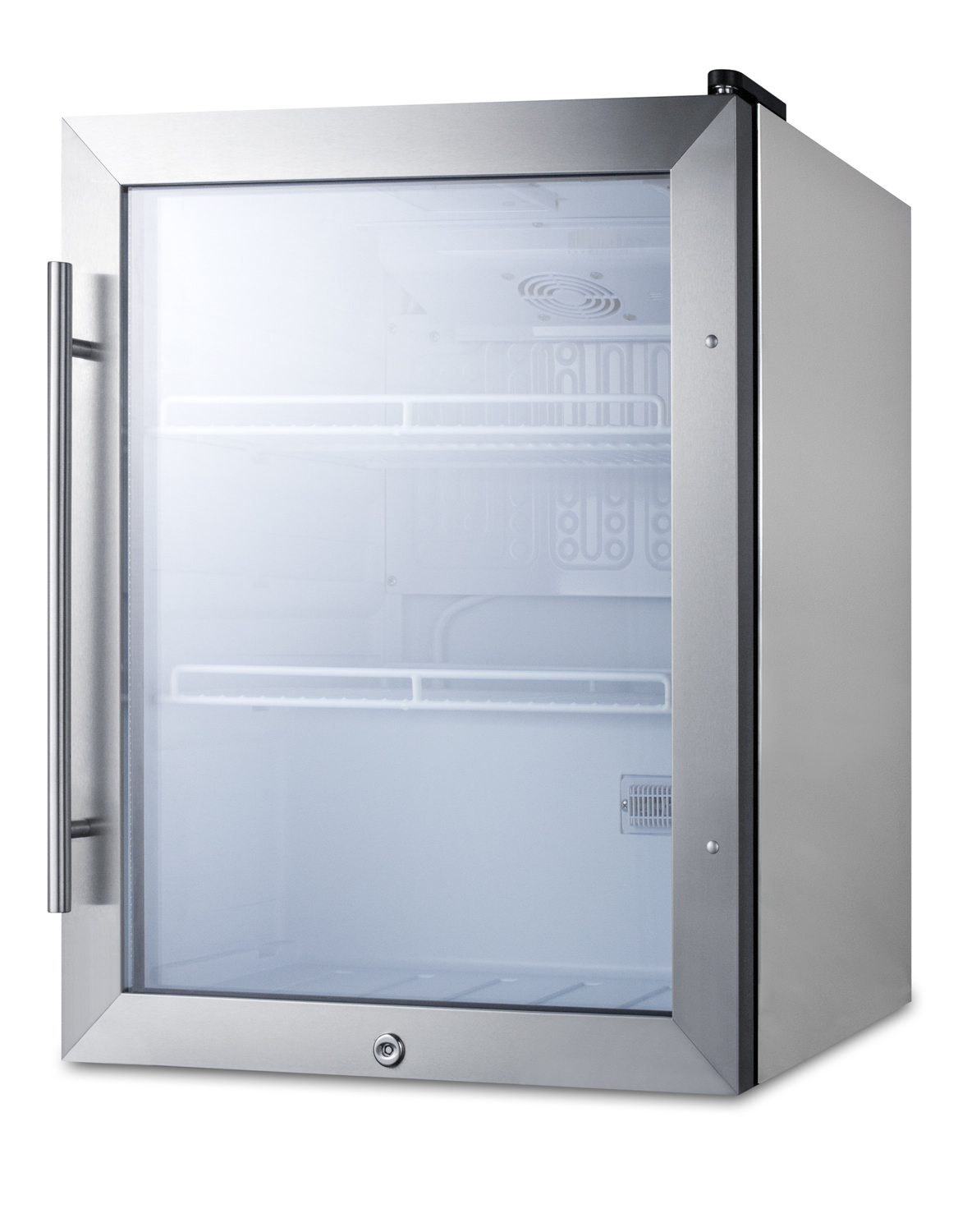 Commercially approved countertop beverage cooler designed for the display and refrigeration of beverages or sealed food, with reversible glass door, stainless steel wrapped cabinet, and front lock